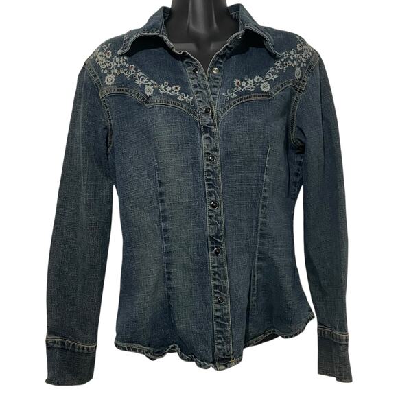 JNCO Tops - JNCO Womens Denim jean Shirt Size Large Western Cowgirl Snap Button Floral